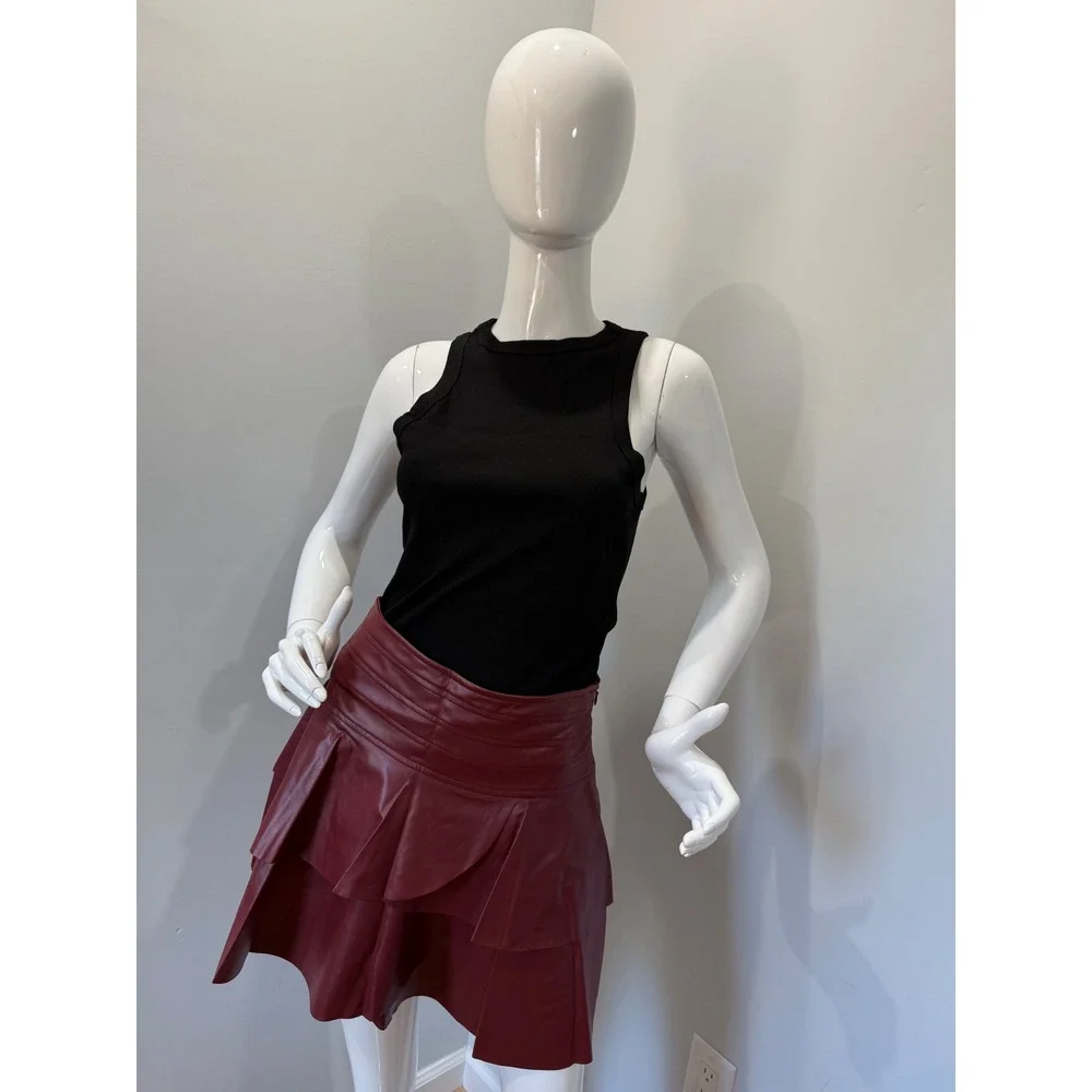 Commense Burgundy Faux Leather Skirt Ruffle Mini High Waist‎ Party Cocktail S